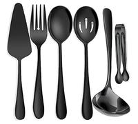 IAXSEE 6 PCS Stainless Steel Serving Utensils, Large Serving Spoons Slotted Spoons, Forks, Ice Suger Tongs, Cake Server, Soup Ladle, Metal Utensils Set Great for Buffet Catering Banquet Party, Black