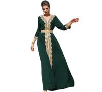 IBAKOM Abaya for Women Floral Lace Ethnic Moroccan Dress Muslim Dubai Attire Islamic Clothes Wedding Eid Ramadan Jalabiya, Emerald Green, XL
