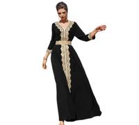 IBAKOM Abaya for Women Floral Lace Ethnic Style Moroccan Dress Modest Muslim Dubai Attire Arabic Islamic Clothes Wedding Eid Ramadan Jalabiya Kaftan Middle East Pakistani Dress Black XL, Black