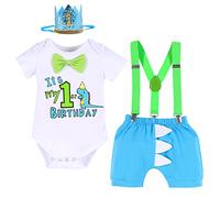 IBAKOM Baby Boy 1st Birthday Cake Smash Outfit Dinosaur Safari Clothing Photoshoot Costume Short Sleeve Romper + Shorts + Suspenders + Headband 4pcs Clothing Sets Blue - 1st 12-18 Months