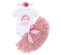 IBAKOM Baby Girls My 1st Birthday Outfits First Party Cake Smash Rainbow Short Sleeve Romper Bodysuit Top Tulle Tutu Skirt Flower/Crown Headband Photoshoot Prop 3PCs set Pink + Flower Headband 1 Year