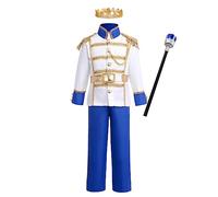 IBAKOM Boys Prince Charming Costume Kids Medieval Royal Outfit Fairytale Cosplay Halloween Carnival Birthday Costume Fancy Dress up Top Pants Scepter Set Blue+Yellow 8-10 Years