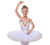 IBAKOM Girls Ballet Dance Dress Swan Lake Sling Strap Lace Pearl Embroidery Camisole Gymnastic Leotard Tutu Costume Figure Skating Dancewear Ballerina Outfit White - Flower 9-10 Years