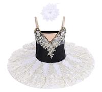 IBAKOM Girls' Ballet Dress Spaghetti Straps Ballet Dance Dress Swan Lake Lace Beaded Camisole Jersey Leotard Tutu Costume Figure Skating Dance Clothing Ballerina Outfit, White+Black, 9-10 Years