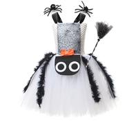 IBAKOM Girls Witch Costume Spider Ruffle Tulle Dress with 1 Pair Hair Clips and Broom Kids Spider Fancy Dress Up Outfit for Carnival Masquerade Party White 2-3Y
