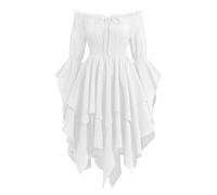 IBAKOM Gothic Clothing Women: Off Shoulder Medieval Dress with Asymmetric Hem Renaissance Steampunk Vintage Dress - Halloween Costume for Cosplay Carnival Party White Large