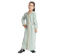IBAKOM Kids Girls Abaya Muslim Dress Long Sleeve Hooded Islamic Kaftan Zipper Maxi Dress Dubai Prayer Robe Light Green 110cm