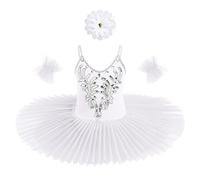IBAKOM Kids Girls Sleeveless Ballet Dress Sequin Embellished Swan Lake Dancewear Gymnastic Leotard Tutu Skirt Ballerina Stage Costume Headwear Arm Sleeves 3Pcs Set White 11-12 Years