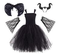 IBAKOM Kids Girls Witch Costume Devil Evil Queen Halloween Cosplay Fancy Dress Horn Headband Feather Wing Cloak Outfits Black - Lace Gloves 2 Years
