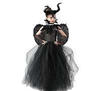 IBAKOM Kids Girls Witch Costume Devil Evil Queen Halloween Fancy Dress Horn Headband Feather Wings Gloves Headwear Cosplay Outfits Black-Gloves 8-10 Years