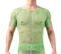 IBAKOM Men's Fishnet Tank Tops Short Sleeve Mesh Muscle Tee T-Shirt Slim Fitted Workout See Through Clubwear Undershirt Green M
