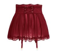 IBAKOM Men's Lingerie Sissy Mini Tulle Skirt with Garters Belt Bowknot Floral Lace Trim Girly Underwear Crossdressing Underpants Wine Red M