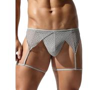 IBAKOM Men's Lingerie Sissy Sheer Lace Bulge Pouch Briefs T-back G-string Thongs Crossdresser Underpants with Garter Belt Grey XL