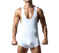 IBAKOM Men's Seamless Undershirts Tummy Control Wrestling Singlet One Piece Fitness Leotard Jumpsuit Shapewear White XL