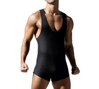IBAKOM Men's Seamless Undershirts Tummy Control Wrestling Singlet One Piece Fitness Leotard Jumpsuit Shapewear Black M