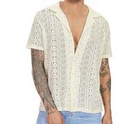 IBAKOM Mens Summer Short Sleeve Shirts Cuban Collar Button Down Floral Lace Shirt Casual See-Through Beach Shirt Lounge Wear Geometric Cutout Tops Beige M