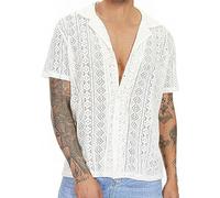 IBAKOM Mens Summer Short Sleeve Shirts Cuban Collar Button Down Floral Lace Shirt Casual See-Through Beach Shirt Lounge Wear Geometric Cutout Tops White S