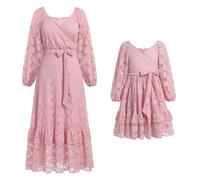 IBAKOM Mother Daughter Matching Dress Mum and Me Dresses Long Sleeve Casual Dress Boho Beach Dress Autumn Winter Women Girls Matching Dress Family Matching Outfit, pink, 6-7 Years