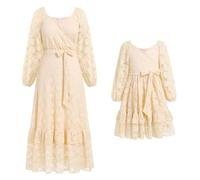 IBAKOM Mother Daughter Matching Dress Mum and Me Dresses Long Sleeve Casual Dress Boho Beach Dress Autumn Winter Women Girls Matching Dress Family Matching Outfit, apricot, XL