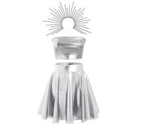 IBAKOM Rave Outfit Women's Festival Outfit Patent Leather Dress 3-Piece Metallic Mini Dress Crop Top + Skirt + Headband Clubwear Moon Goddess Dress Shiny for Festival Party Disco Night Club Carnival,