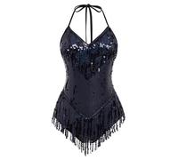 IBAKOM Sexy Glitter Sequins Fringe Bodysuit Halter Lace Up Back Jazz Latin Dance Tassel Leotard Adult Acrobat Circus Trapeze Artist Costume Dancing Queen Rave Concert One Piece Outfits Black S