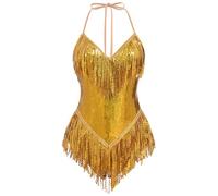 IBAKOM Sexy Sequins Fringe Bodysuit Halter Lace Up Back Jazz Latin Dance Tassel Leotard Acrobat Costume Rave Concert Outfits, Gold, Small