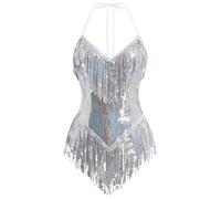 IBAKOM Sexy Sequins Fringe Bodysuit Halter Lace Up Back Jazz Latin Dance Tassel Leotard Acrobat Costume Rave Concert Outfits, Silver, Large