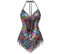 IBAKOM Sexy Sequins Fringe Bodysuit Halter Lace Up Back Jazz Latin Dance Tassel Leotard Acrobat Costume Rave Concert Outfits, Black Rainbow, Medium
