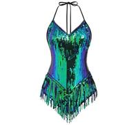 IBAKOM Sexy Sequins Fringe Bodysuit Halter Lace Up Back Jazz Latin Dance Tassel Leotard Acrobat Costume Rave Concert Outfits, Green+blue, Small