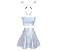 IBAKOM Women 3Pcs Shiny Metallic Rave Party Dress Halloween Alien Outfits Crop Top + Mini Skirt + Headband Musical Festival Clothes set Holographic - strapless L