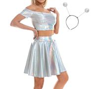 IBAKOM Women 3Pcs Shiny Metallic Rave Party Dress Halloween Alien Outfits Crop Top + Mini Skirt + Headband Musical Festival Clothes set Holographic - off shoulder M