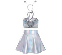 IBAKOM Women 3Pcs Shiny Metallic Rave Party Dress Halloween Alien Outfits Strap Cami Crop Top + Mini Skirt + Headband Musical Festival Clothes set Holographic - cami M