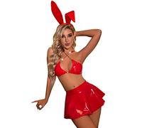 IBAKOM Women Holographic Shiny Rave Outfits Metallic Wetlook PVC Leather Chain Bra Top Flared Mini Skirt Headband Bunny Girl Costume Festival Party Clubwear Dark Red S