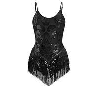 IBAKOM Women Sexy Sequins Fringe Bodysuit Sparkly Tassel Latin Jazz Dance Acrobat Costume Adult Trapeze Artist Rave Outfits, Black, X-Small