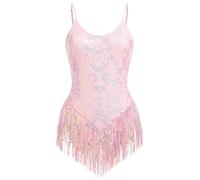 IBAKOM Women Sexy Sequins Fringe Bodysuit Sparkly Tassel Latin Jazz Dance Acrobat Costume Adult Trapeze Artist Rave Outfits, Pink, Medium