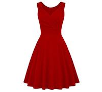 IBAKOM Women's 50/60s Vintage Retro Cocktail Dress Rockabilly Dresses Elegant Knee-Length Prom Dress Audrey Hepburn Costume V-Neck Evening Dresses for Women, red, S