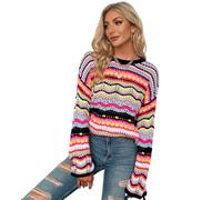 IBAKOM Women's Crochet Pullover Sweater Vintage Long Sleeve Crew Neck Rainbow Striped Sweater Casual Loose Knitted Top Jumper Black XL