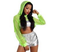 IBAKOM Women's Fishnet Hoodie Drawstring Long Sleeve Mesh Hooded Crop Top Rave Musical Festival Costume Outfits Hot Streetwear Clubwear Fluorescent Green
