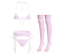IBAKOM Womens Kawaii Cute Striped Micro Bikini Lingerie Strappy Halter Neck Tiny Bra Bowknot Mini Panty Garter Belt Overknee Stockings 4 Pieces Anime Lolita Underwear set Pink One Size