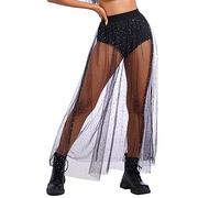 IBAKOM Women's Mesh Sheer Rave Galaxy Mesh Skirt 2 in 1 Sparkly Glitter Sequin Tulle Flowy Beach Cover ups Maxi Skirt Black-Polka dot S