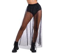 IBAKOM Women's Mesh Sheer Rave Galaxy Mesh Skirt 2 in 1 Sparkly Glitter Sequin Tulle Flowy Beach Cover ups Maxi Skirt Black M