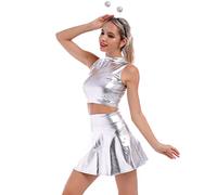 IBAKOM Women's Rave Alien Outfits Shiny Sleeveles Crop Top Flared Mini Skirt Headband Musical Festival Stage Cocktail 70s 80s Party Dress 3pcs Set Silver - high Neck XL