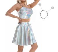 IBAKOM Women's Rave Alien Outfits Shiny Sleeveles Crop Top Flared Mini Skirt Headband Musical Festival Stage Cocktail 70s 80s Party Dress 3pcs Set Holographic - Strappy S