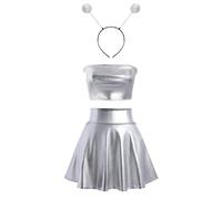 IBAKOM Women's Rave Alien Outfits Shiny Sleeveles Crop Top Flared Mini Skirt Headband Musical Festival Stage Cocktail 70s 80s Party Dress 3pcs set
