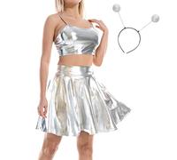 IBAKOM Women's Rave Alien Outfits Shiny Sleeveles Crop Top Flared Mini Skirt Headband Musical Festival Stage Cocktail 70s 80s Party Dress 3pcs Set Silver - Strappy S