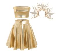 IBAKOM Women's Rave Goddess Costume Outfits Shiny Holographic Metallic Reflective Crop Tube Top, Ruffle Mini Skirt and Halo Headband Crown Musical Festival Stage Cocktail Dress 3pcs set Gold M