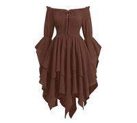 IBAKOM Women's Renaissance Medieval Victorian Dress Layered Irregular Handkerchief Hem Flowy A-line Off Shoulder Pirate Peasant Dress Gothic Costume Brown M