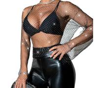 IBAKOM Women's Sparkle Shiny Glitter Rhinestone Crop Top Long Sleeve Fishnet Mesh Bikini Cover up Shirt Sheer Rave Tops Black L