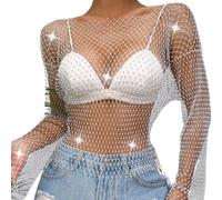 IBAKOM Women's Sparkle Shiny Glitter Rhinestone Crop Top Long Sleeve Fishnet Mesh Bikini Cover up Shirt Sheer Rave Tops White S