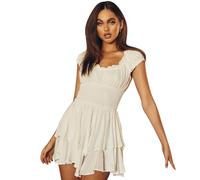 IBAKOM Women's Summer Sleeveless Boho Dot Shirred Short Romper Double Layer Ruffle Hem Jumpsuit Off Shoulder Playsuits Beach Dresses Overall Outfit White S